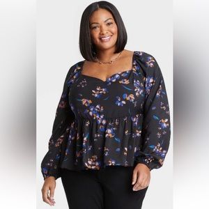 Ava & Viv Women's Plus Size 3X Long Sleeve V-Neck Babydoll Blouse Black Floral